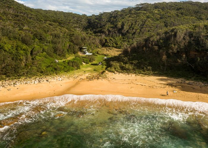 Aerial view of Little Beach campground, Bouddi National Park